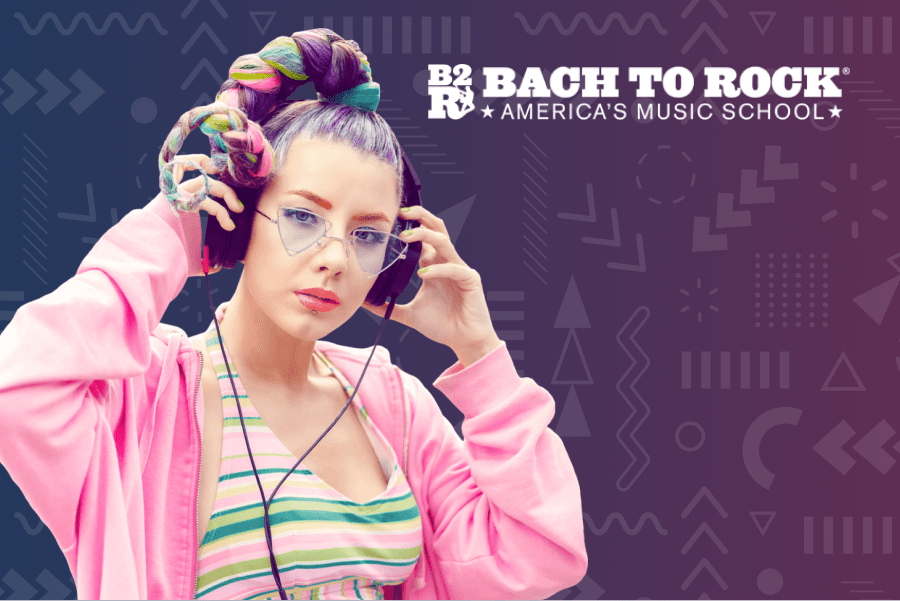 Woman in heaphones with colorful hair, patterned background - bach 2 rock logo in top right