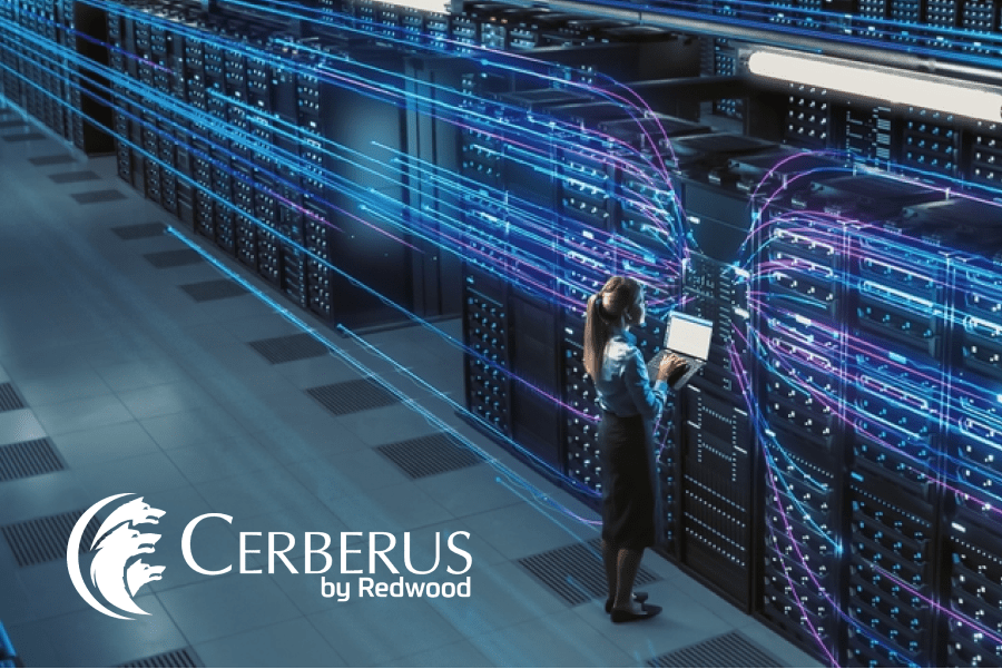 Image of woman standing in front of server bank with neon lines coming out from it. Cerberus logo overlay in bottom left corner