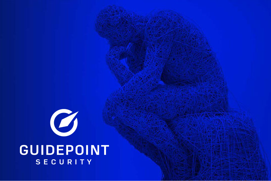 Graphic of "the Thinker" made up of 3d printing polymers, guidepoint security logo overlay bottom right