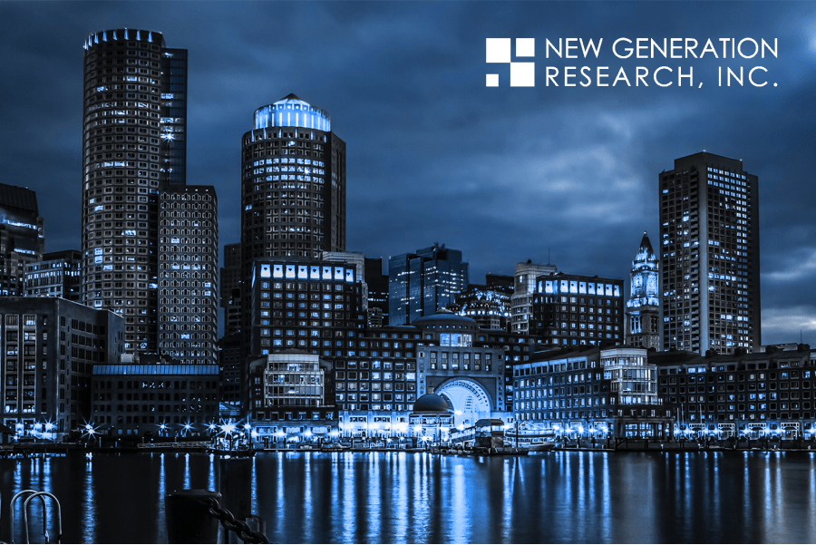 City overlaid in blue light at night, New Generation Research logo on top right