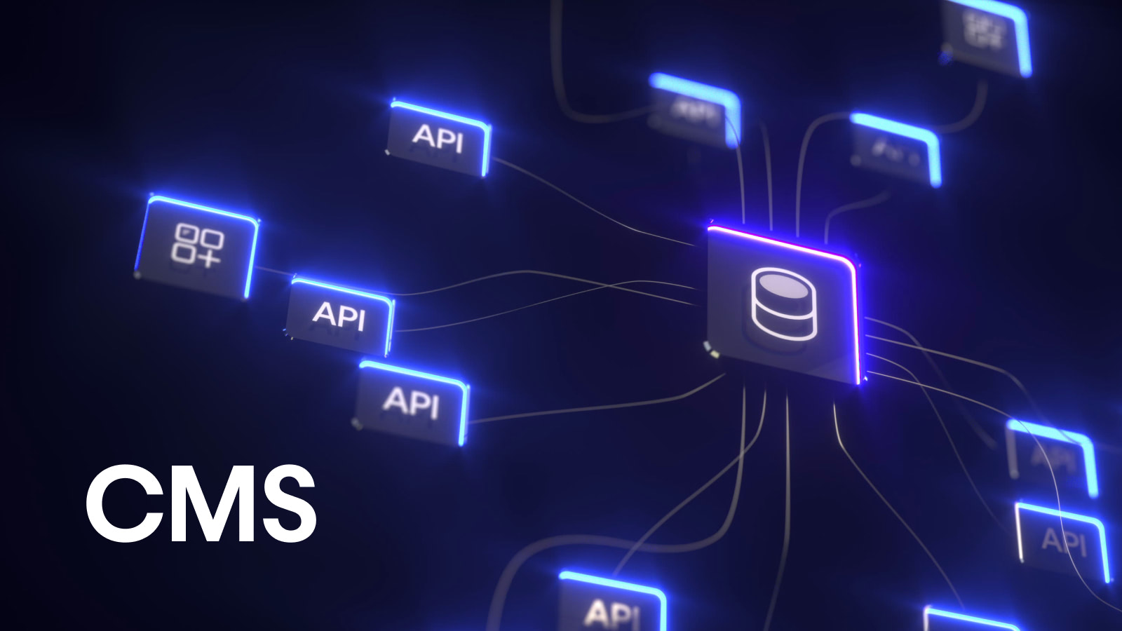 Image with glowing icons and text that says CMS from Webflow