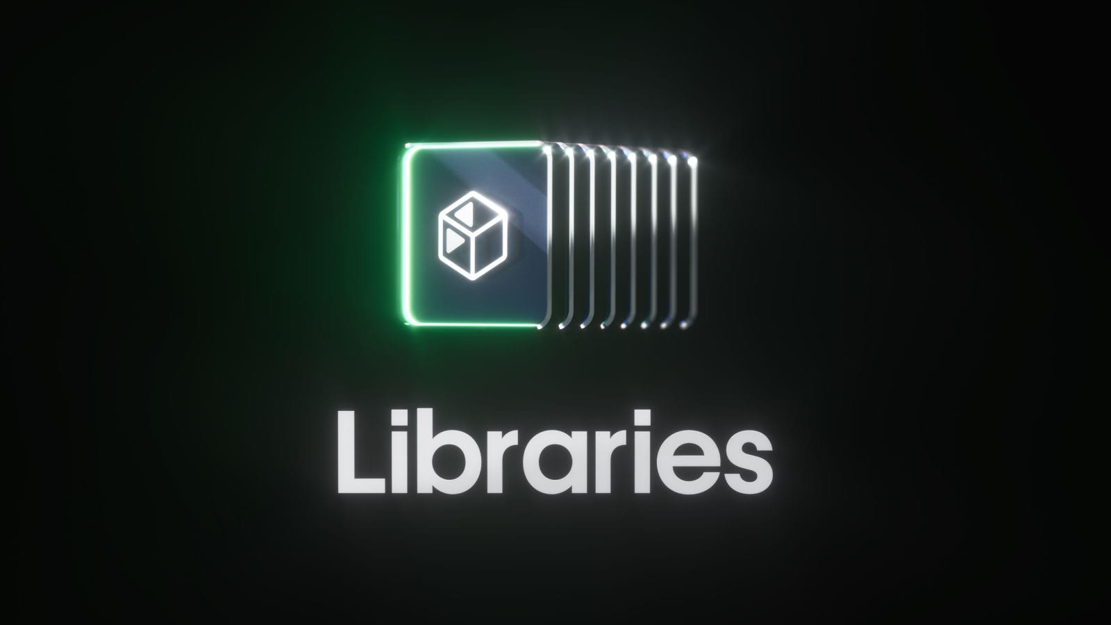 Glowing icon on stack of icons with text that says libraries - black background - from Webflow