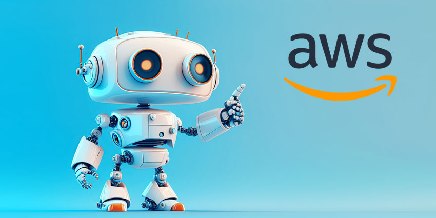 AWS ad with robot pointing to AWS logo