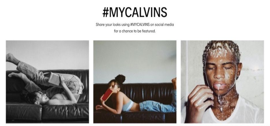 Screenshot of #Mycavlins ad with three different images of people in calvin klein undergarments