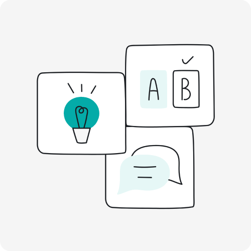 Group of line drawn icons in white squares showing a lightbulb, chat bubble, and A/B test