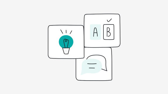 Group of line drawn icons in white squares showing a lightbulb, chat bubble, and A/B test