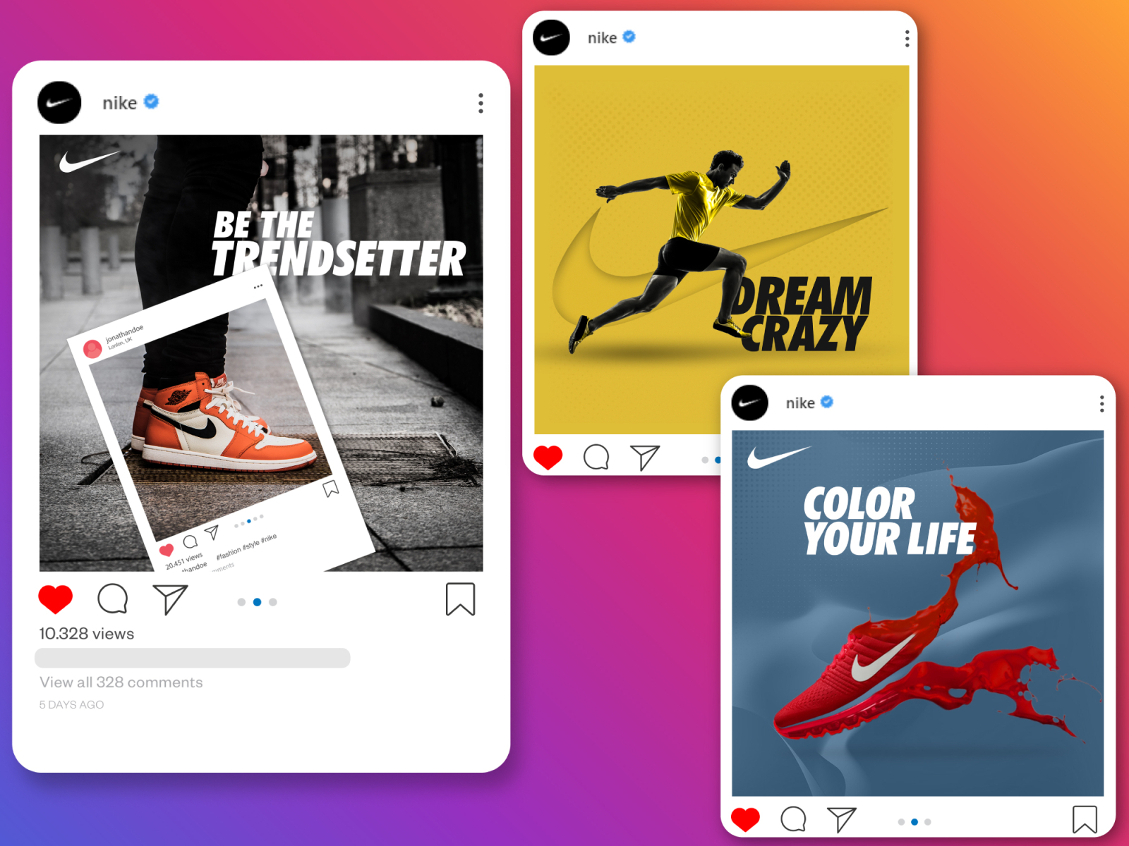 Colorful screenshot showing multiple Nike social media posts on Instagram