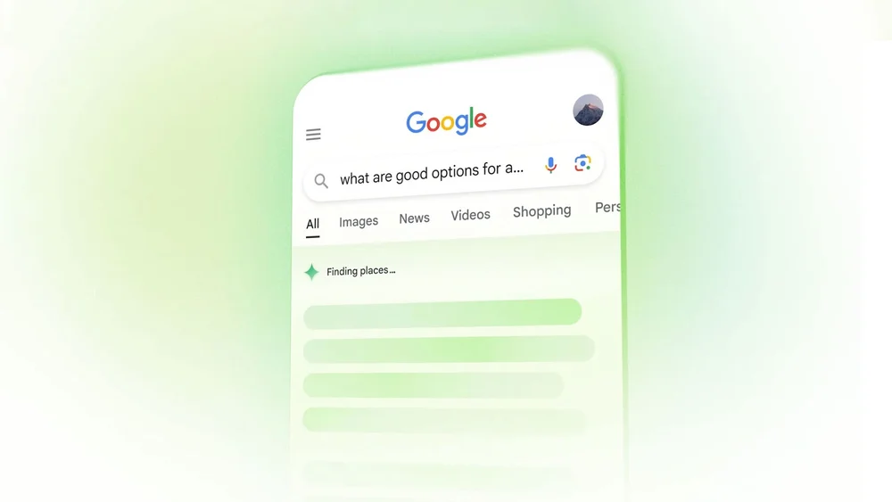 Google search on a phone screen with green gradient background