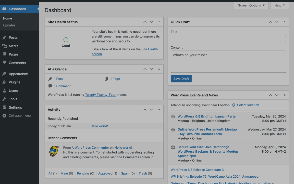 Screenshot of a wordpress website dashboard