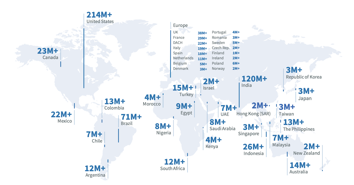 Map showing total linkedin users by country for the entire world