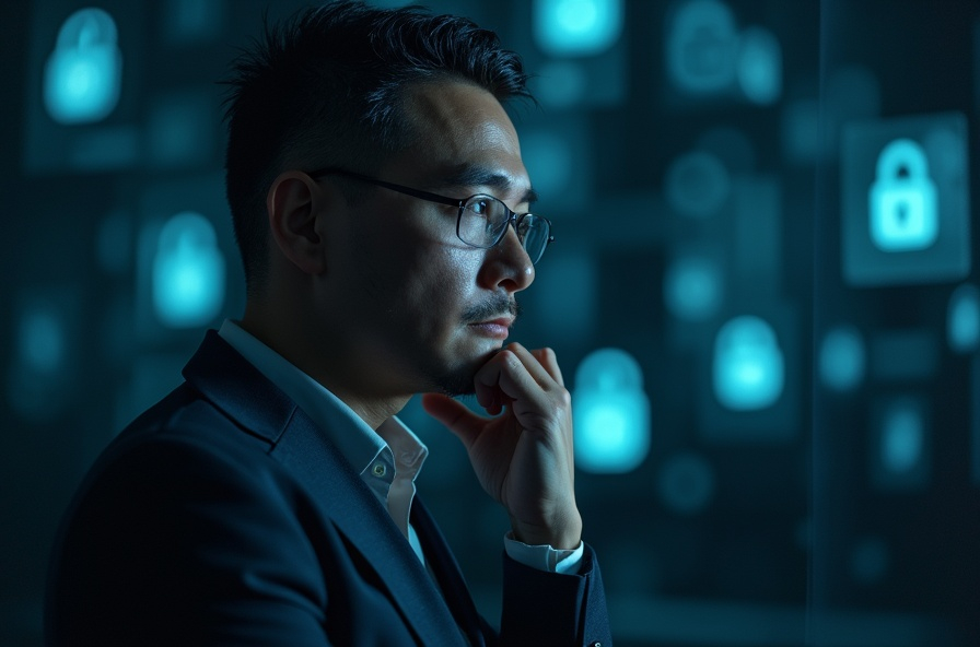 Prompt: (Marketer Deep in Thought), intense focus, surrounded by (abstract symbols of privacy), such as locks and shadows, cool tones with hints of deep blue and black for seriousness, soft and diffused lighting, modern and sleek atmosphere, portraying a blend of strategy and protection, high-quality, ultra-detailed representation, conveying a sense of reflection and contemplation on privacy in marketing.